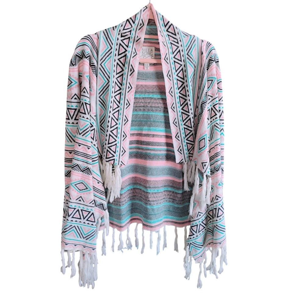 Billabong Womens Tribal Aztec Fringe Cardigan Sweater Open‎ Front Size L
